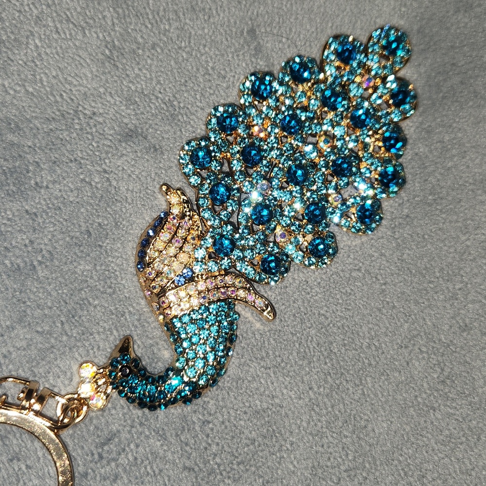 Blue Peacock with Gold Accents Bag Charm Keychain - Picture 4 of 4